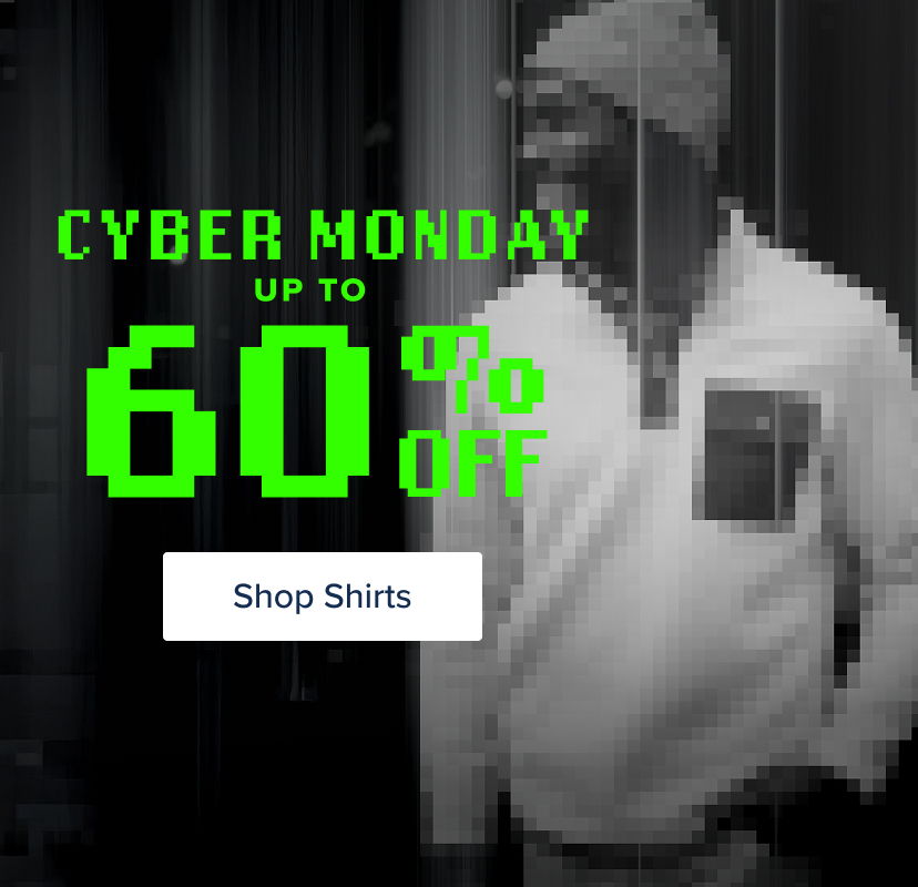 Cyber Monday sale advertisement with discount information and a model wearing a shirt.