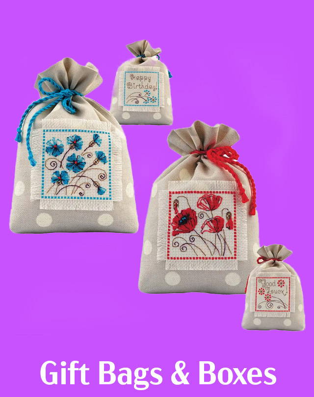 Text: Gift Bags & Boxes. Image: RIOLIS Floral Gift Bags Counted Cross-Stitch Kit.