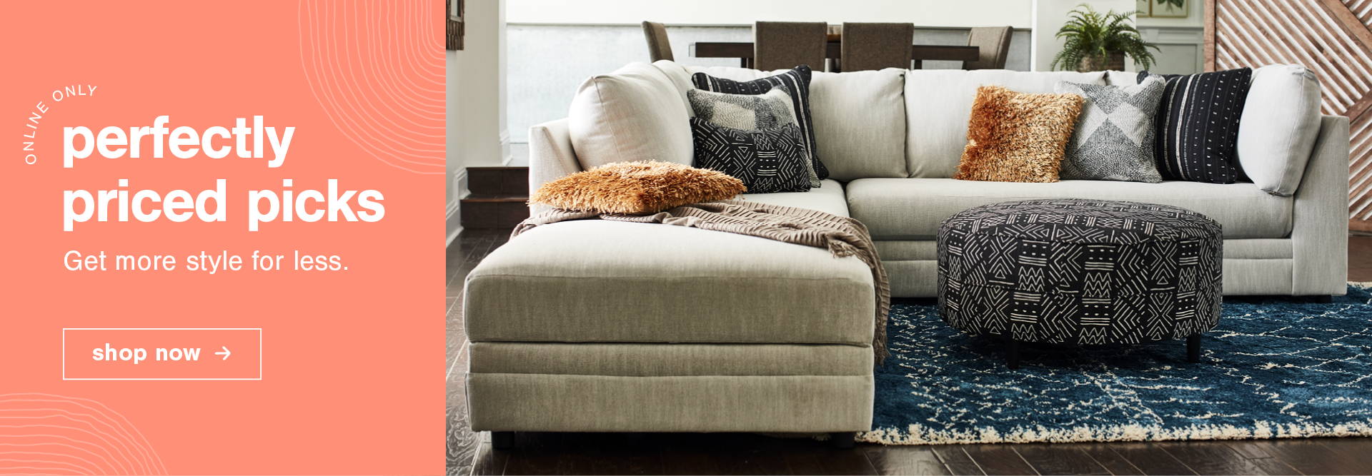 Online Only | Perfectly Priced Picks. Get More Style for Less - Shop Now - Ashley White Sectional with Black Ottoman and Pillows in Living Room  