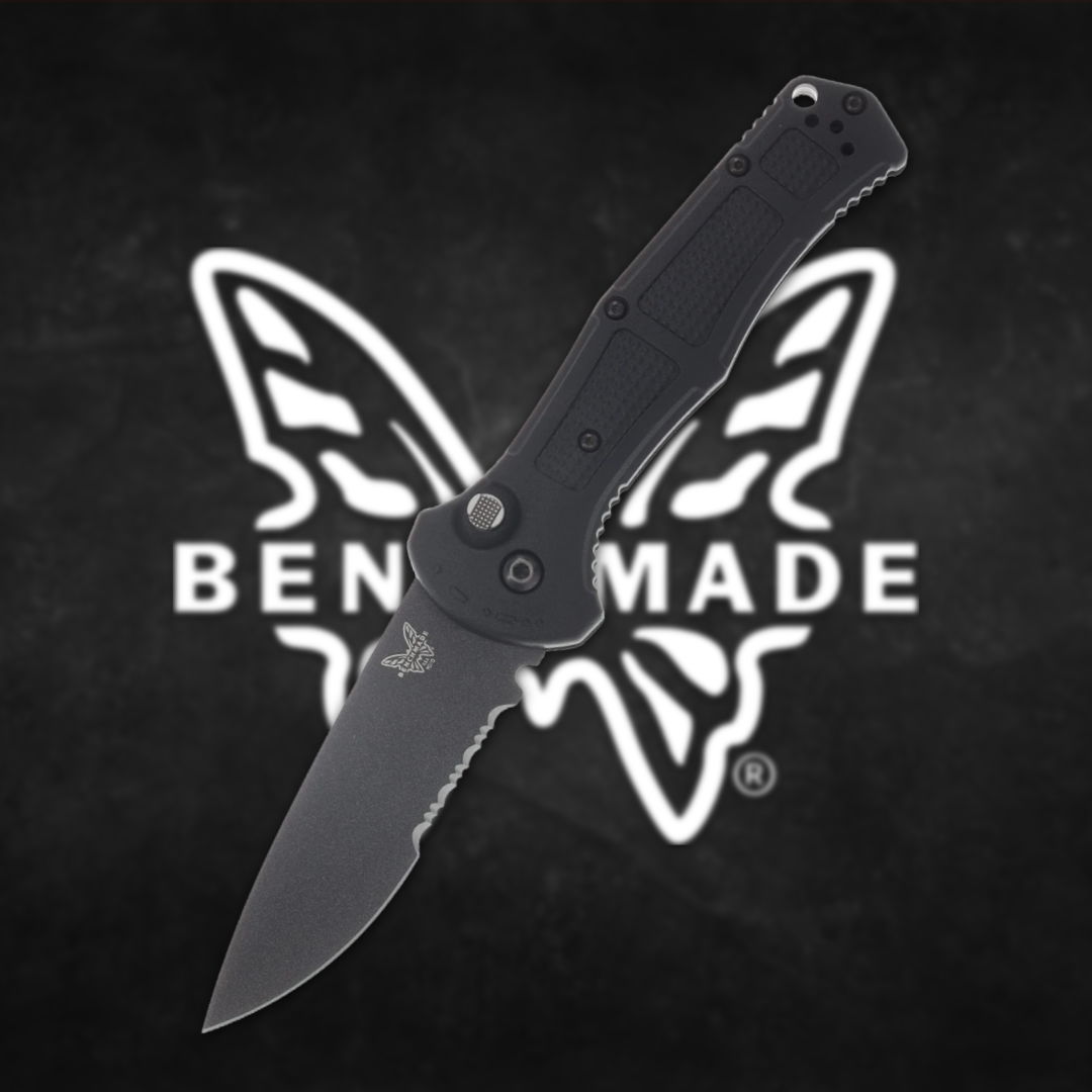 Black folding knife with Benchmade logo in the background.