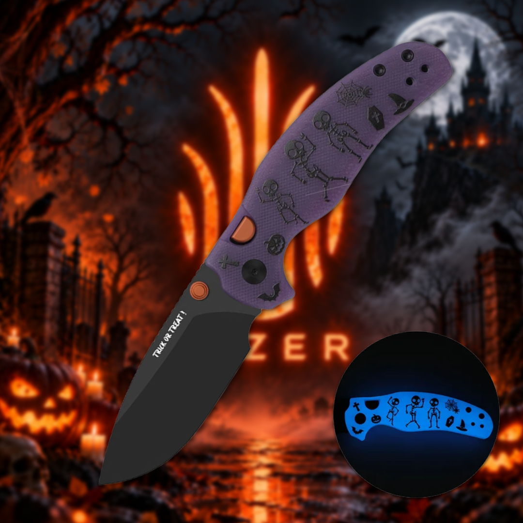 A knife with a purple handle against a spooky background.