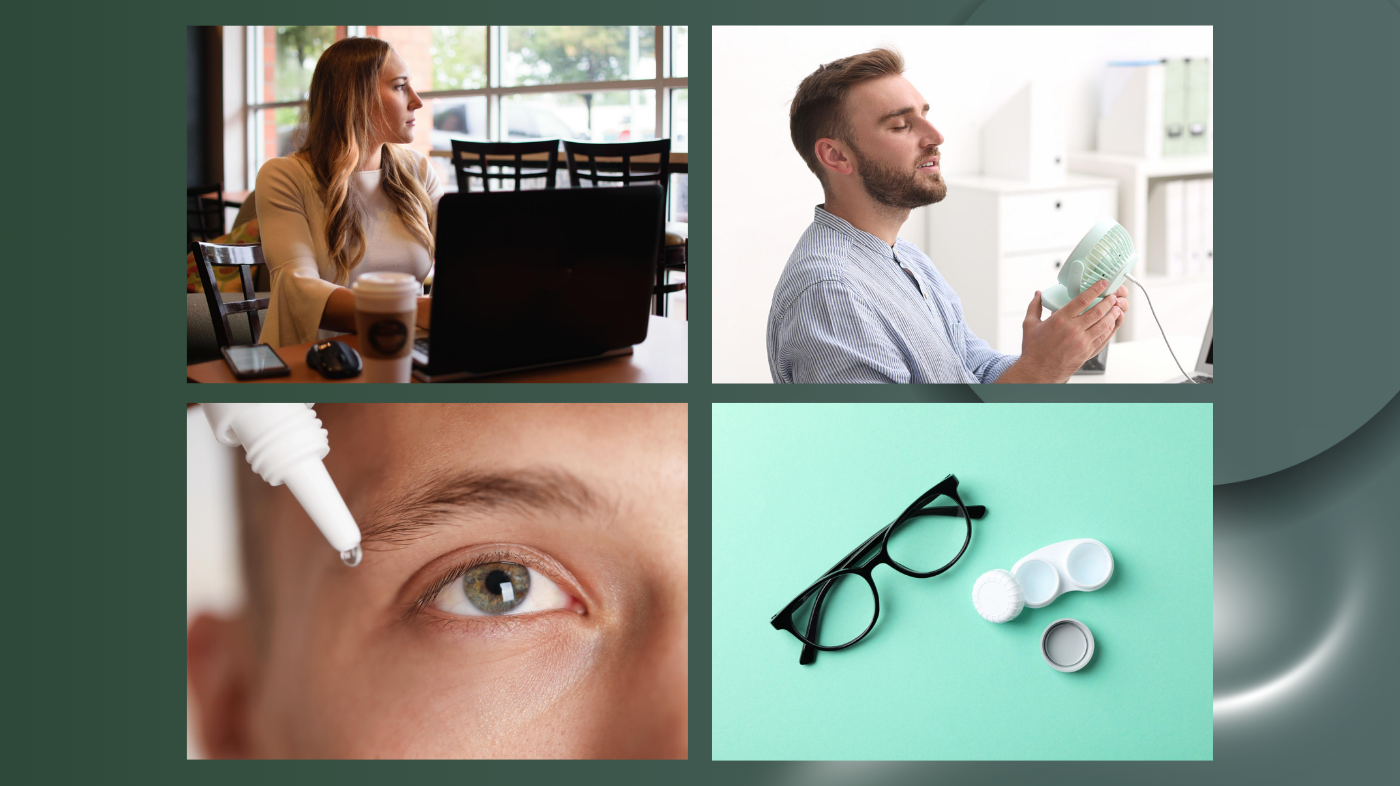 Collage showing eye strain and eye care routine: person working in front of laptop, person using a fan, close-up of eye applying eye drops, and glasses with contact lens case illustrating digital eye strain and dry eye relief habits