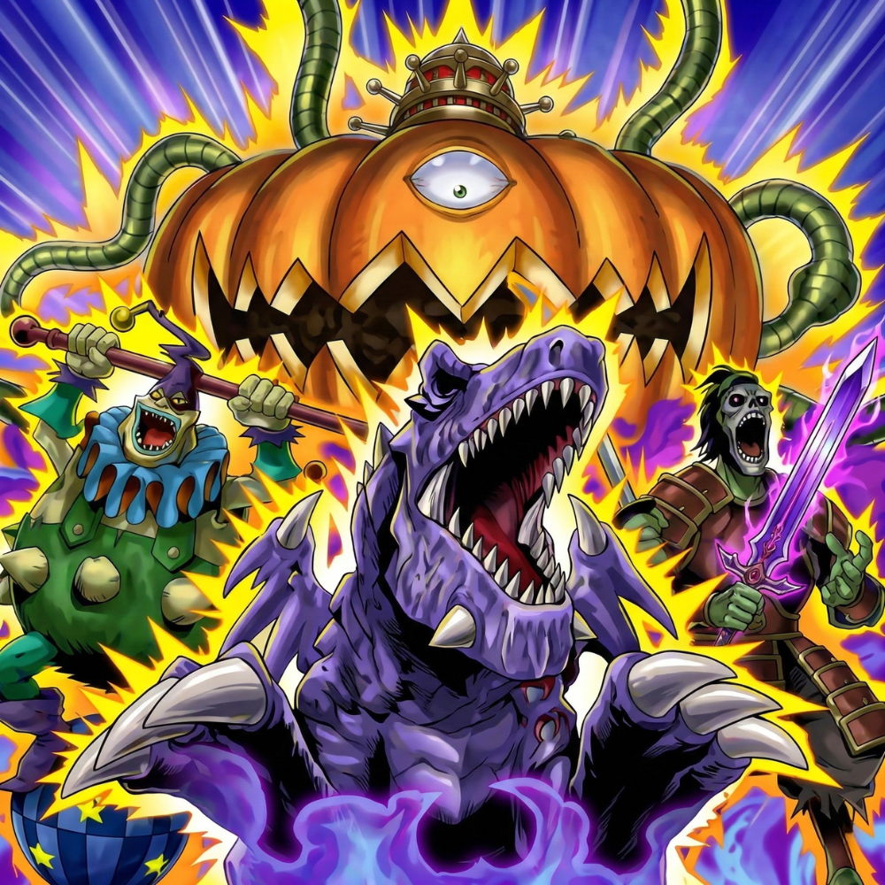 yugioh maze of muertos - A colorful illustration featuring a dinosaur and whimsical monsters with a pumpkin.