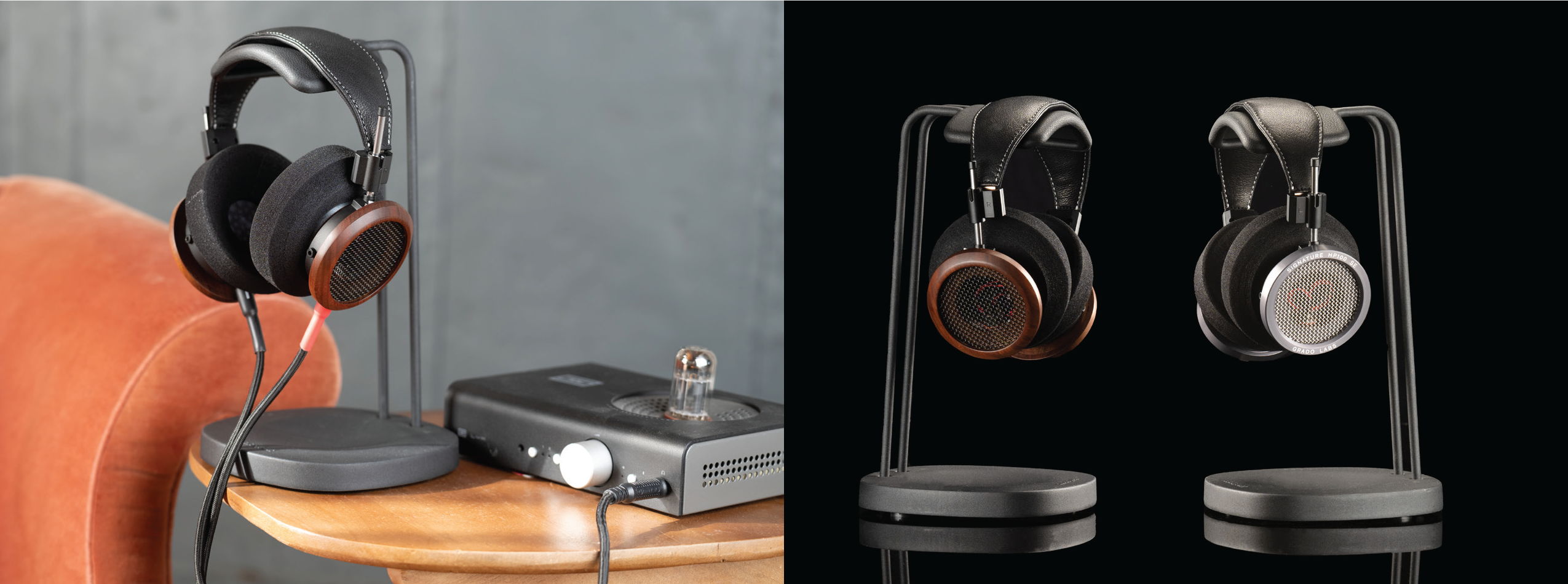 A collage of two photos. On the left side there is a photo of the S950 headphones hanging from a black headphone stand. In the right hand side photo there are two grado headphones (the S950 and the HP100se) on black headphone stands. 