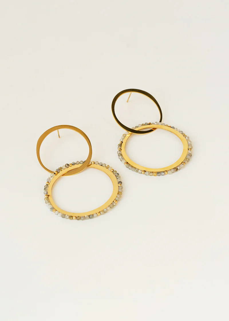 A pair of gold earrings with interlocking gold circles and laboradite beaded details