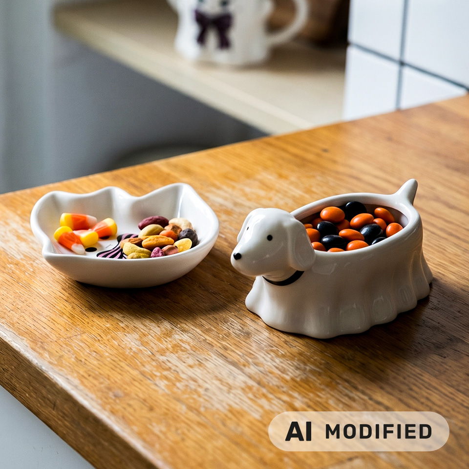 Deux bols décoratifs avec des snacks, dont un en forme de chien.