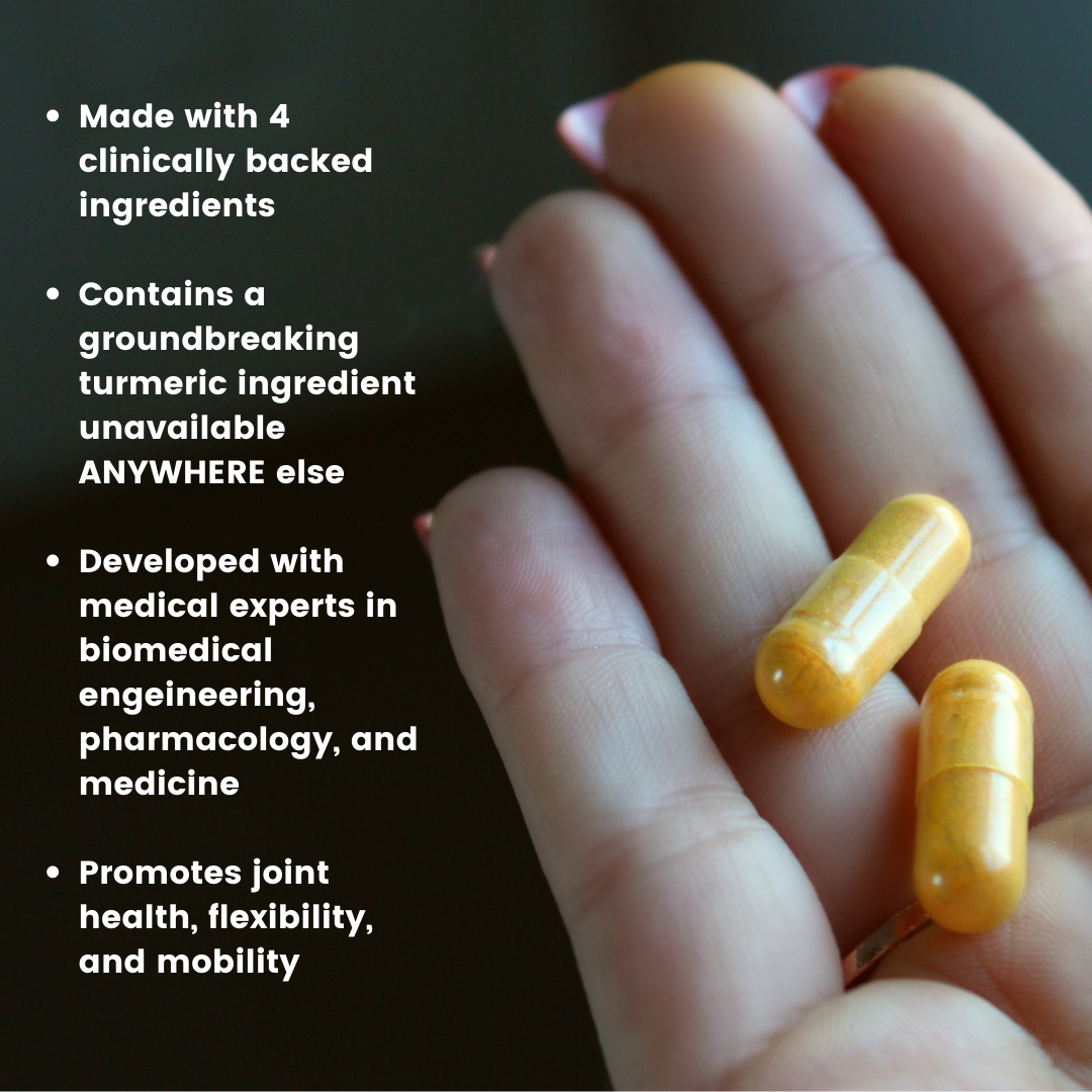 A list of key features with our vitamins, showing it is made with 4 clinically backed ingredients, contains a groundbreaking turmeric ingredient unavailable anywhere else, and is developed by medical experts