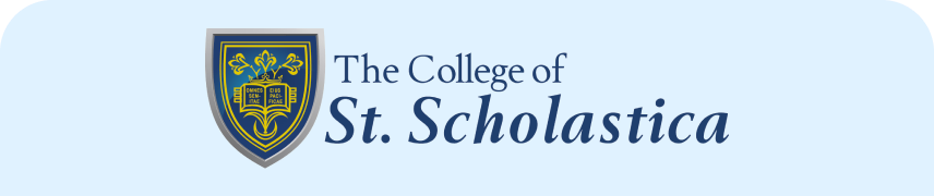 Logo of The College of St. Scholastica with shield and text.