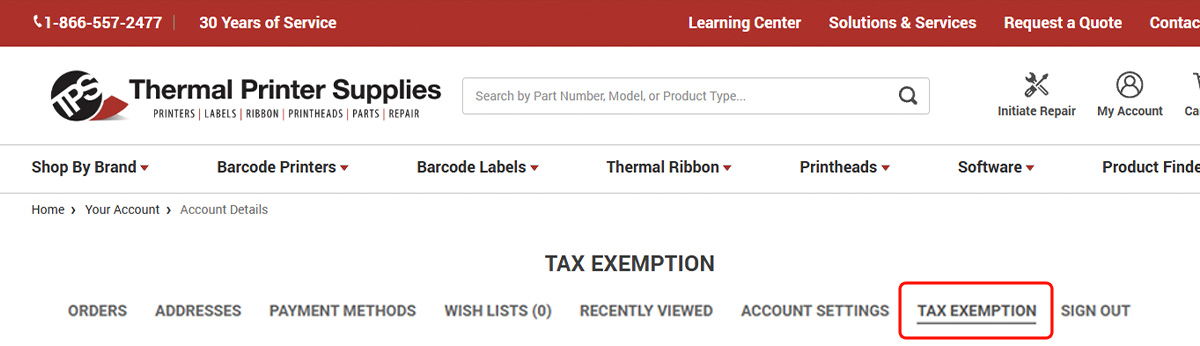 Website header for Thermal Printer Supplies with tax exemption link highlighted.