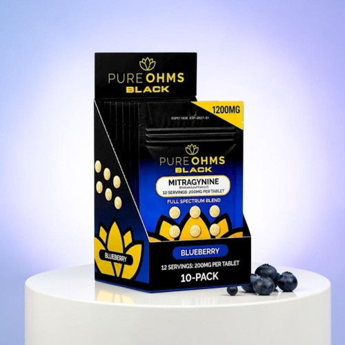 Packaging of Pure Ohms Black Mitragynine, blueberry flavor, 10-pack display.