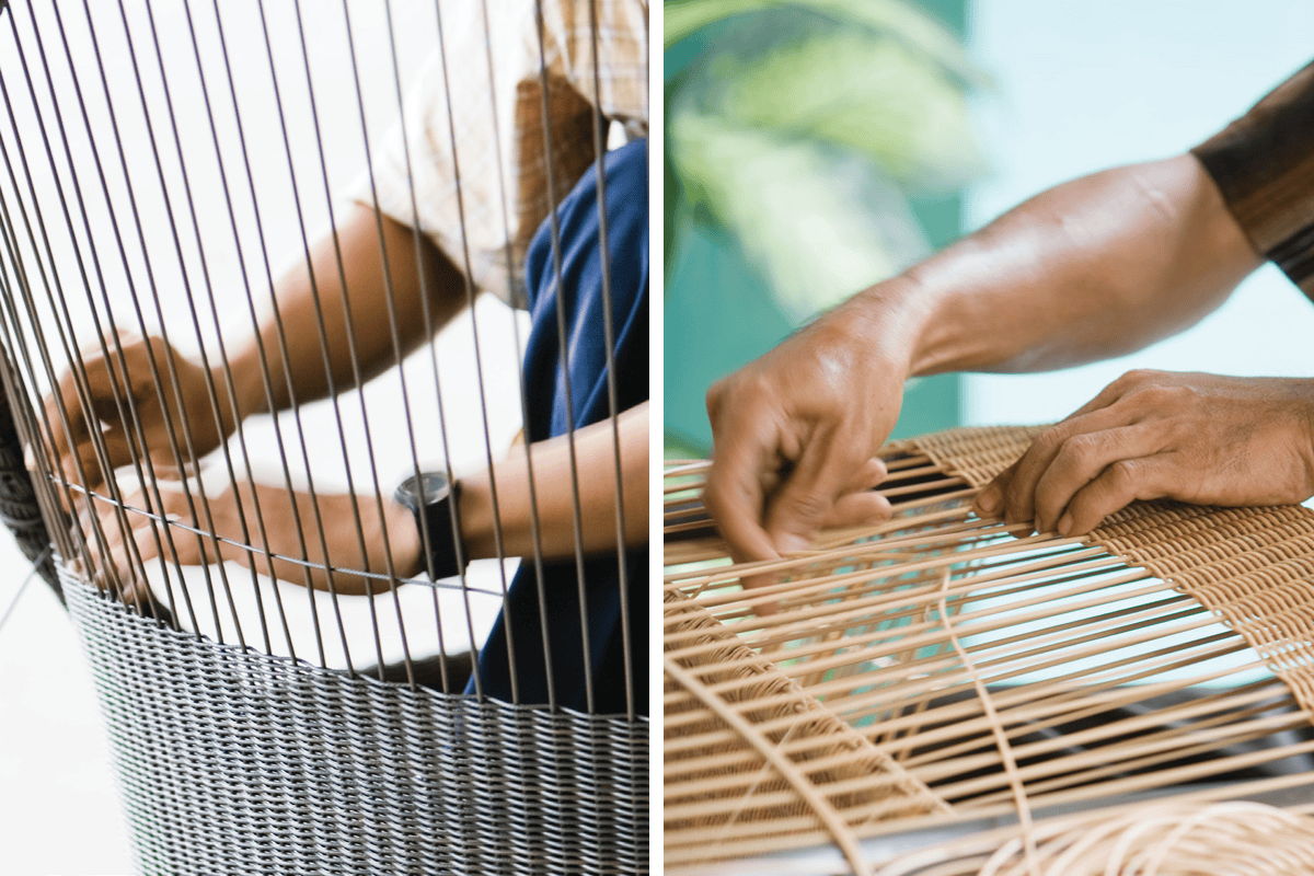 Close-up of woven outdoor furniture construction showing the craftsmanship behind premium patio furniture