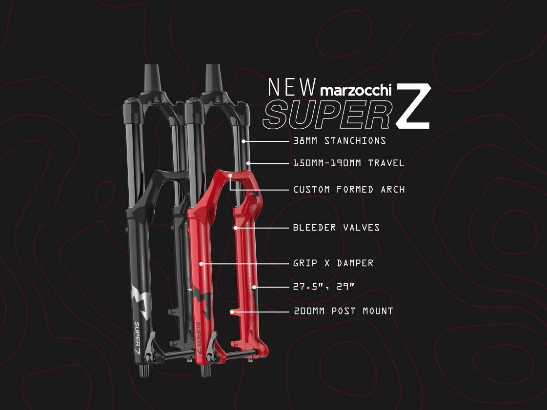 2025 marzocchi super z infographic with stanchion size travel bleeder valves grip x damper and wheel sizes
