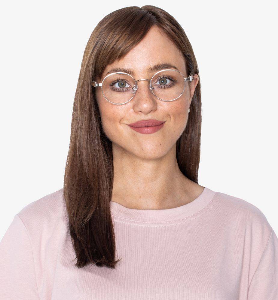 Woman with oblong face shape wearing Joy Silver, Round Eyeglasses