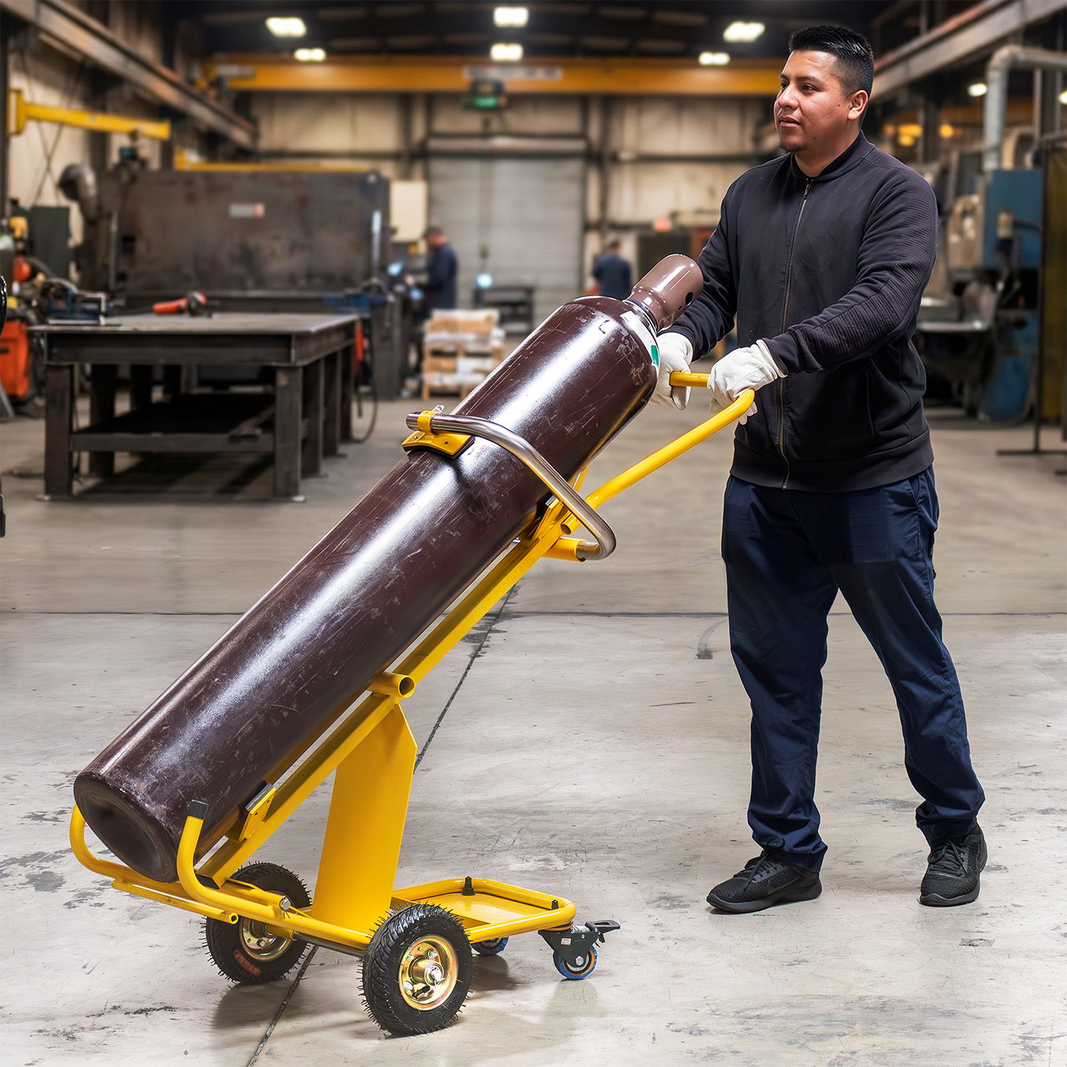 Man using a cart to move a large gas cylinder in a workshop.