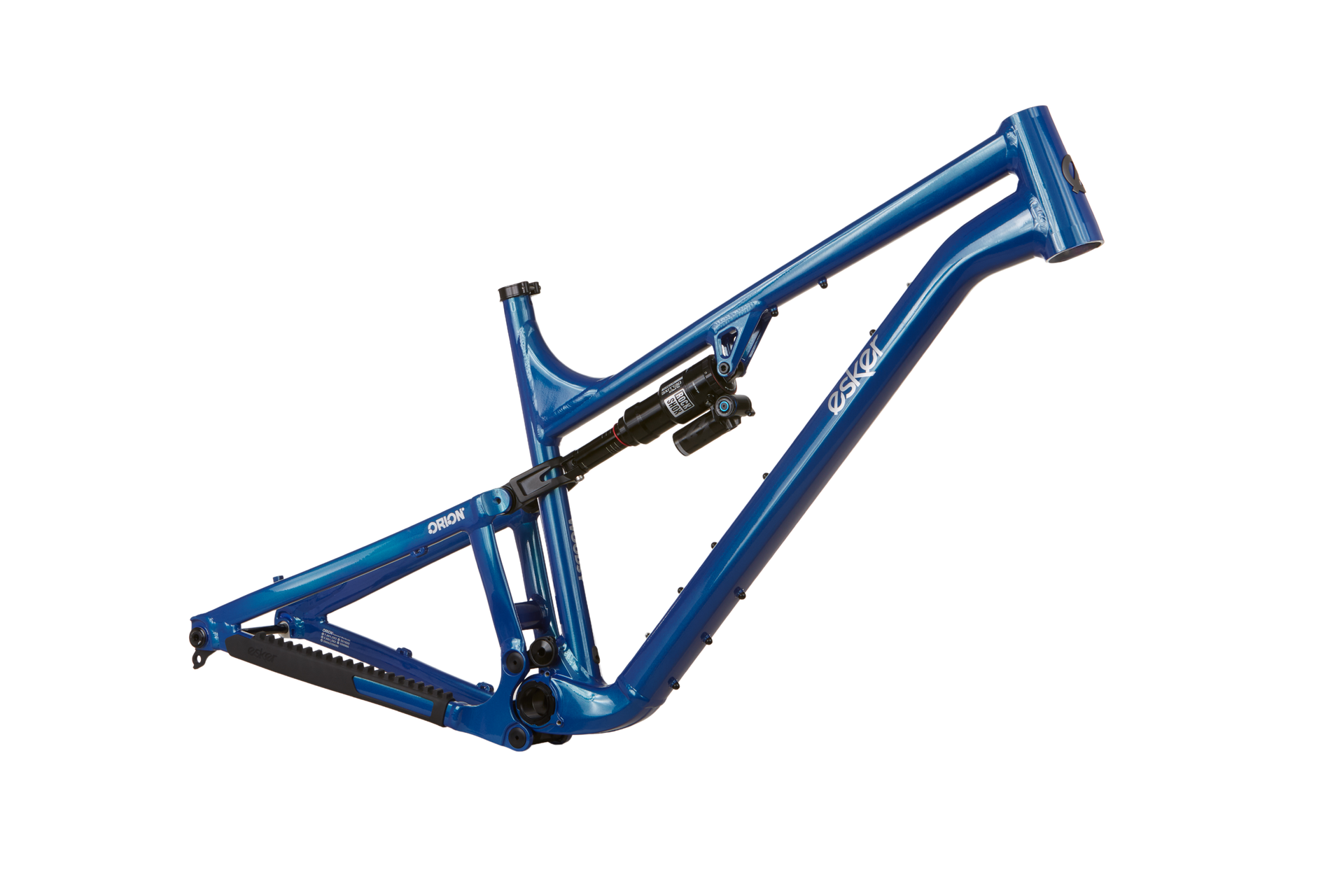 Blue bicycle frame with suspension components.