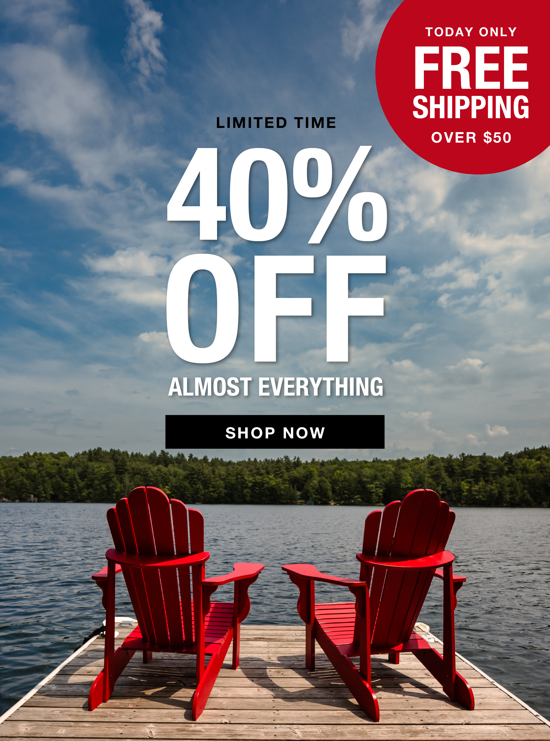 Red chairs on a dock by a lake with promotional text.