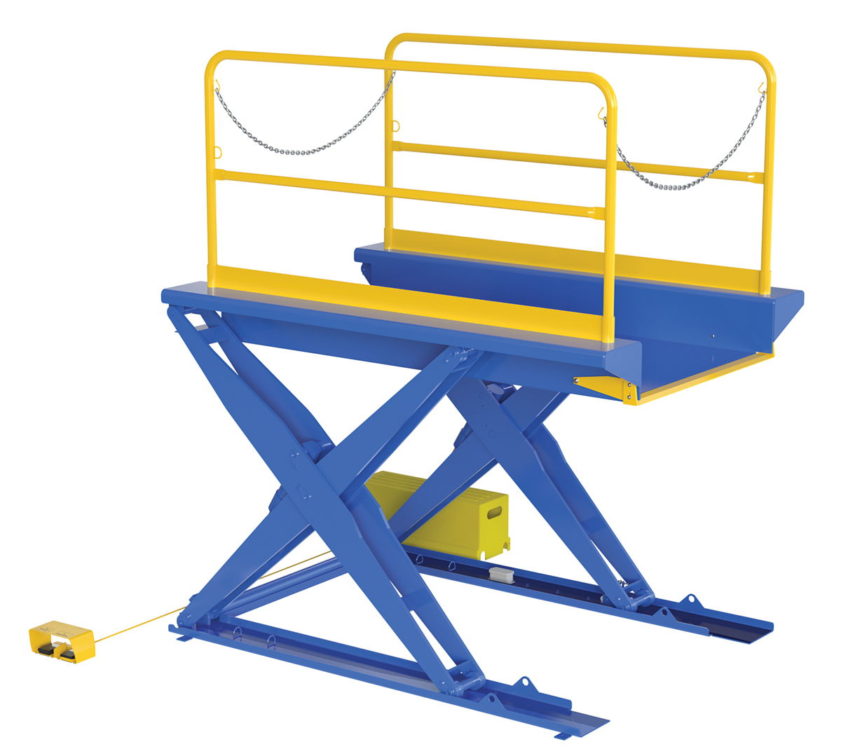 A blue and yellow scissor lift with safety railings.