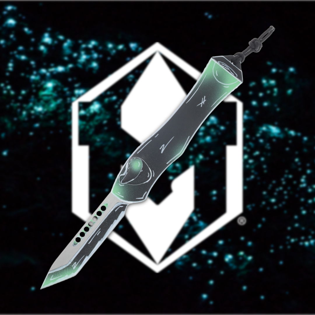 A knife in front of a stylized logo and cosmic background.