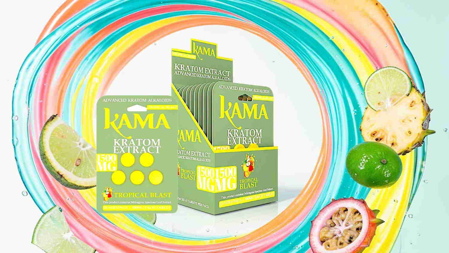 Kama packaging surrounded by colorful fruit illustrations on a light background.