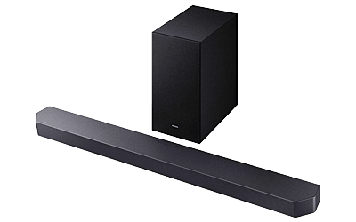 Black Samsung soundbar and subwoofer