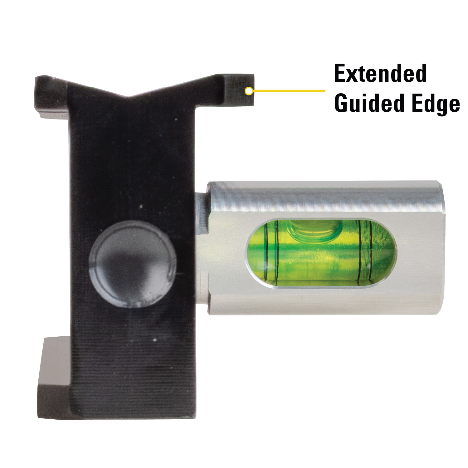 Level tool showing extended guided edge and bubble level indicator.