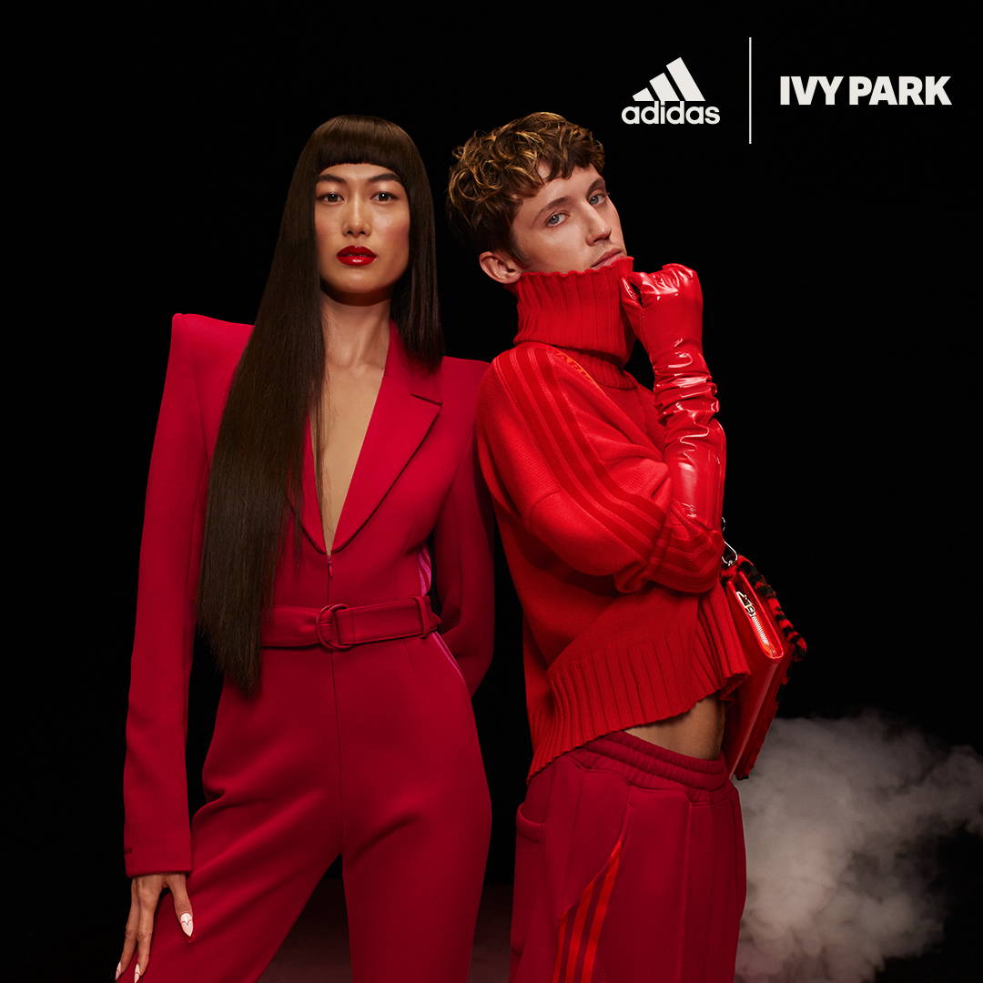 two models wearing red ivy park ivy heart apparel