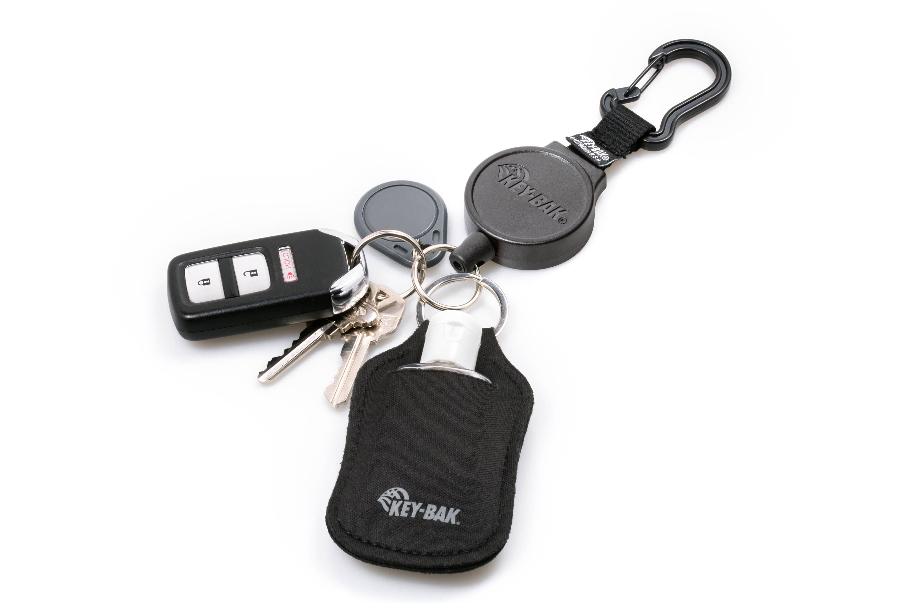 Hand Sanitizer Carrier connected to key-bak retractable keychain