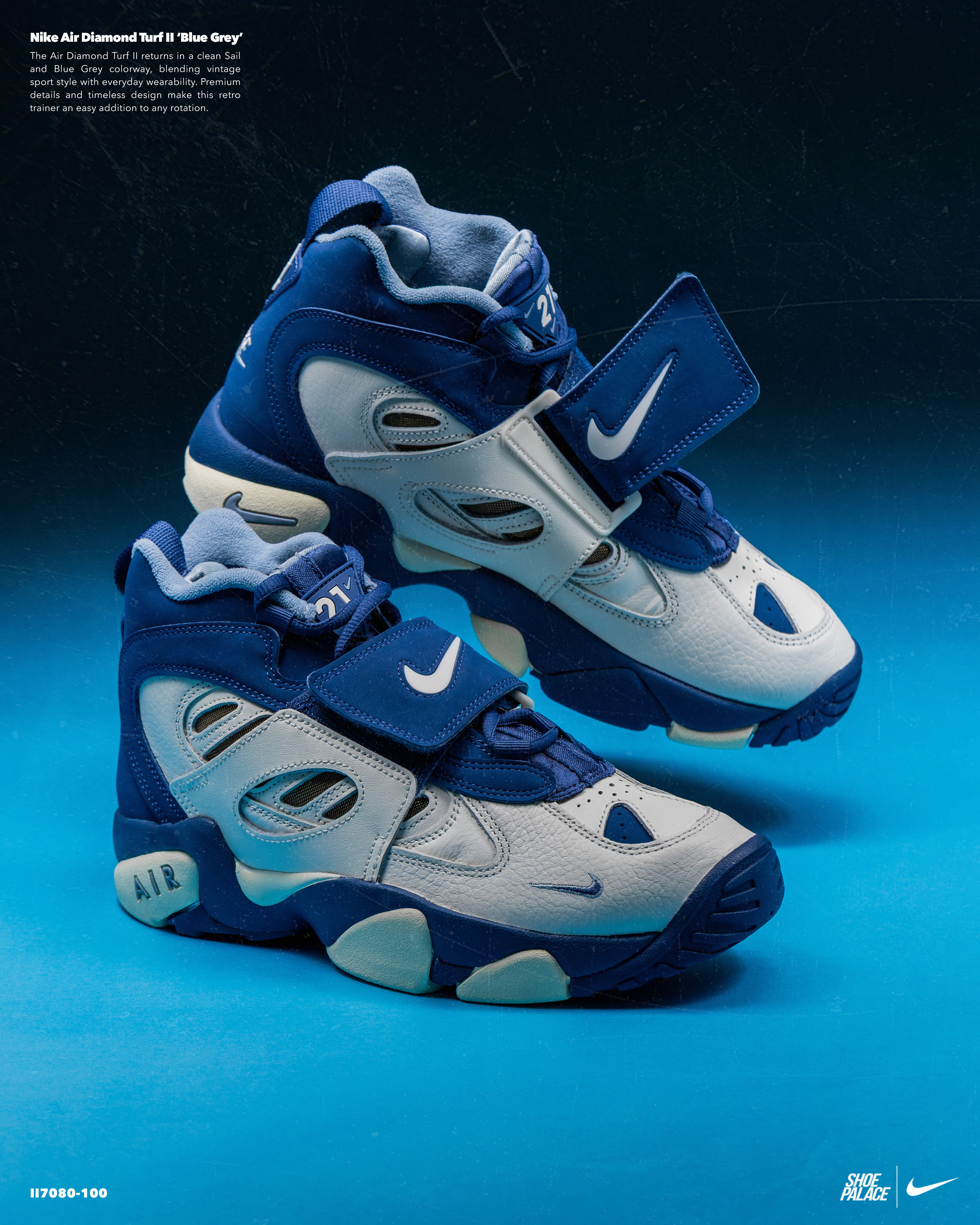 Blue and white Nike athletic shoes on a gradient background.
