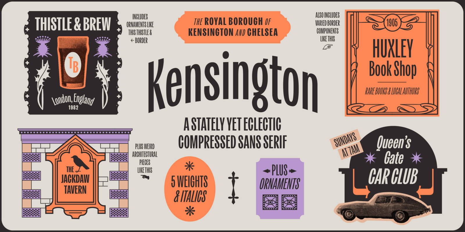 Kensington, a stately yet eclectic compressed sans serif by Jen Hood.
