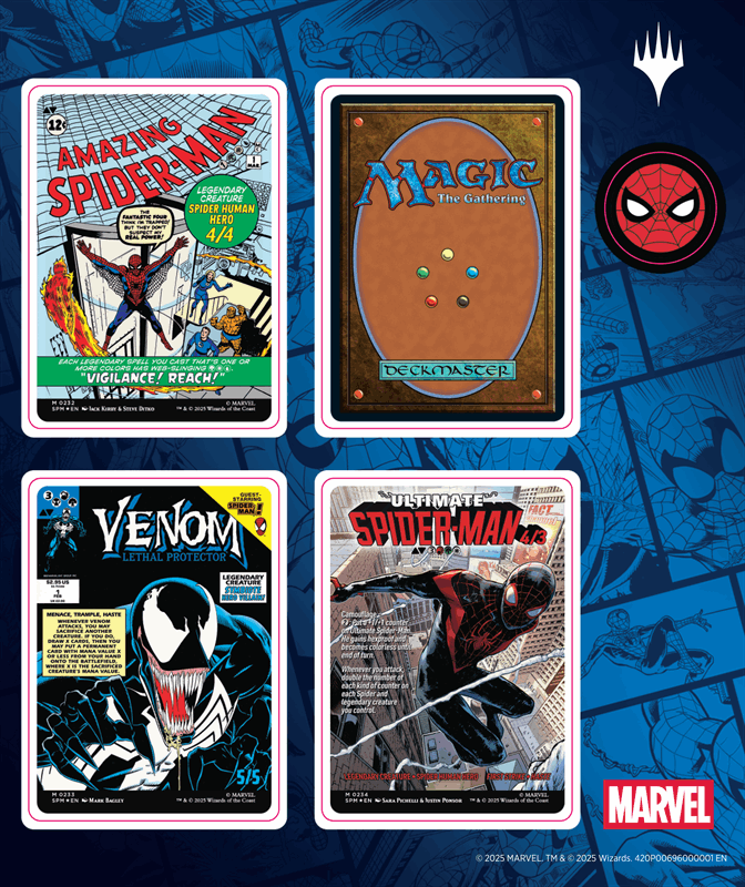 Four comic book covers featuring Spider-Man and Venom.