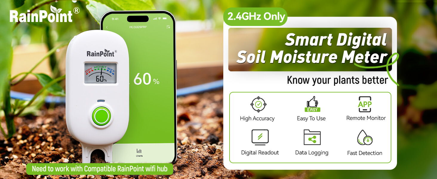 Smart digital soil moisture meter with smartphone app for plant care.
