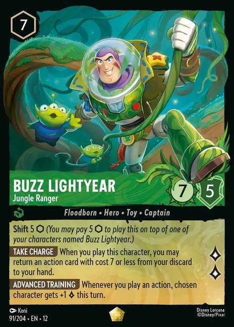 Disney Lorcana Wilds Unknown Card featuring Buzz Lightyear as a Jungle Ranger character.