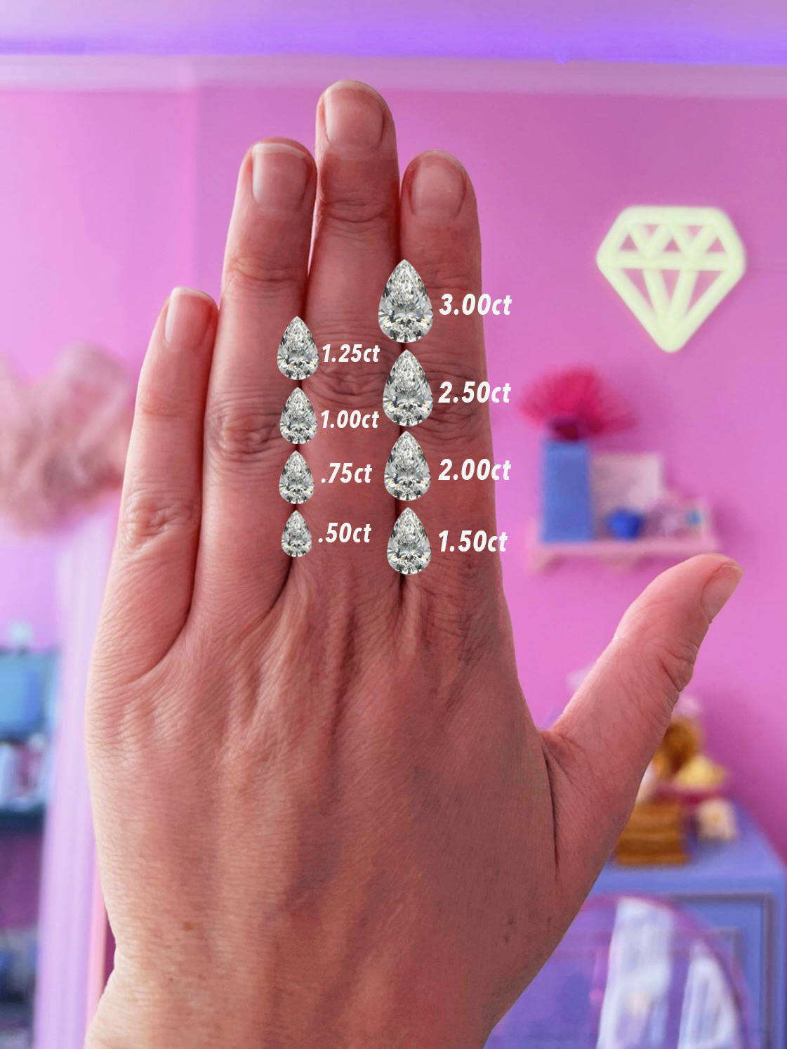 pear cut diamond carat sizes on a hand
