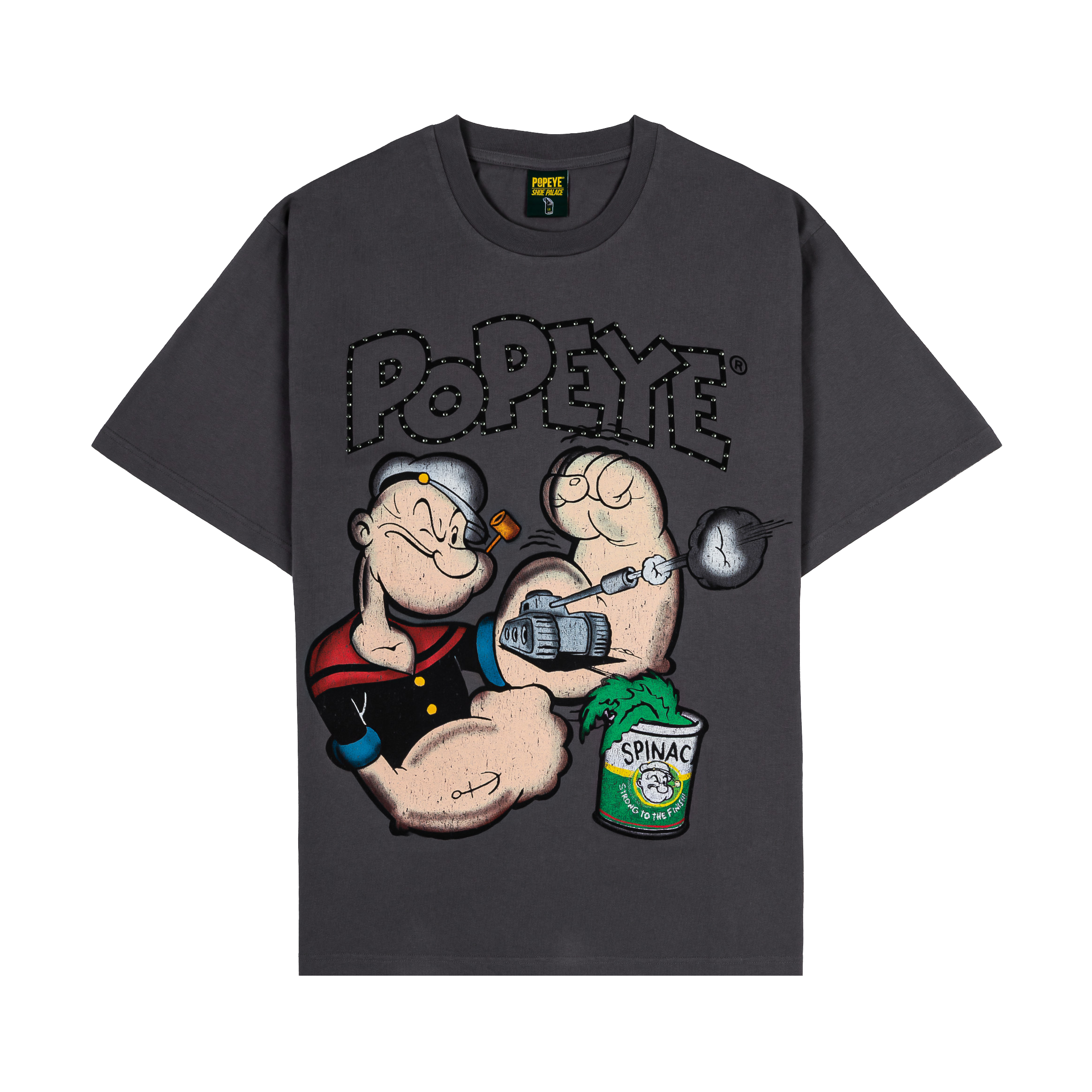 Graphic t-shirt featuring Popeye flexing muscles and holding a can of spinach.