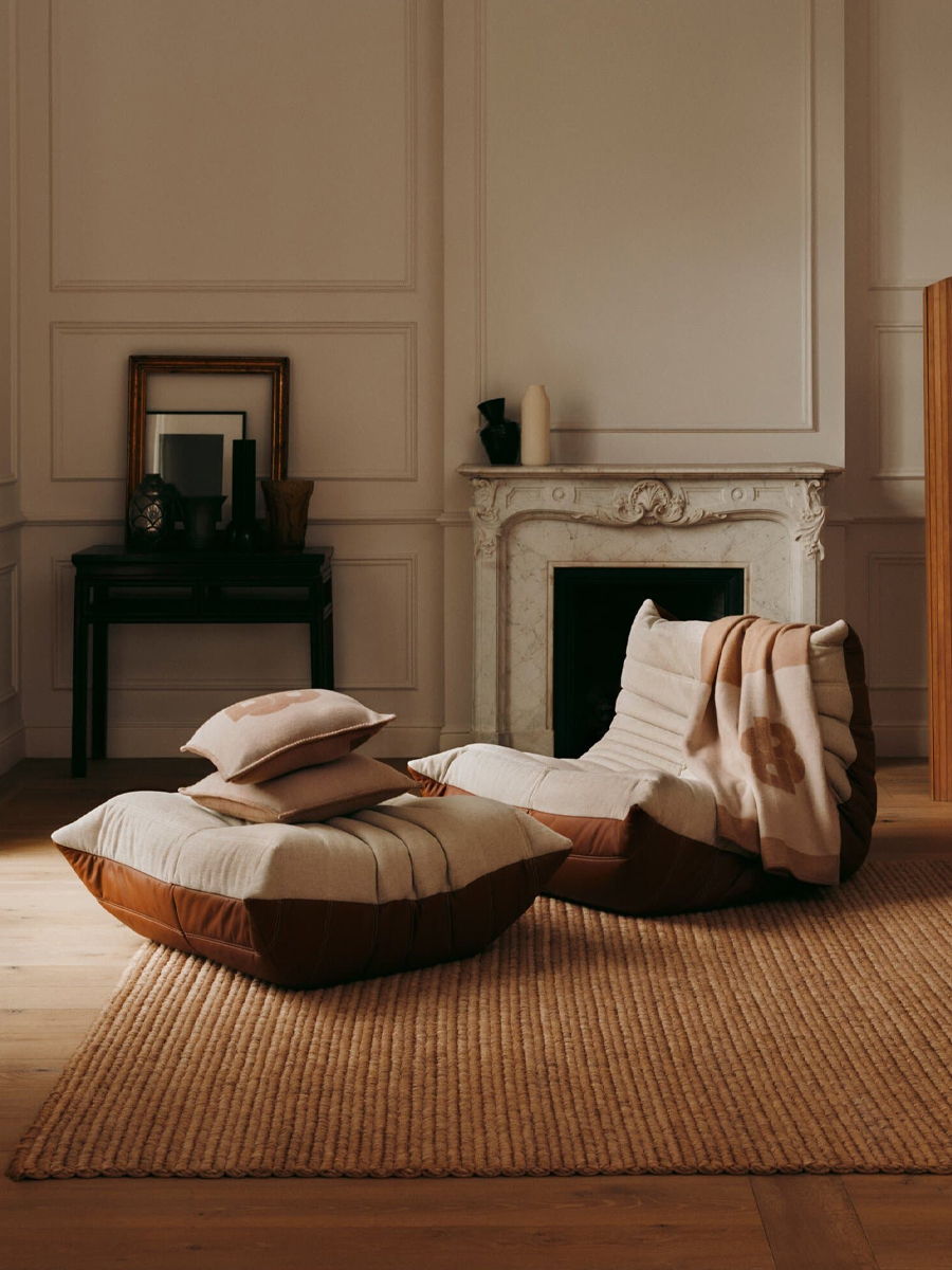 Close-up of fabric textures From the Ligne Roset x Boss Togo collab in beige and brown tones.