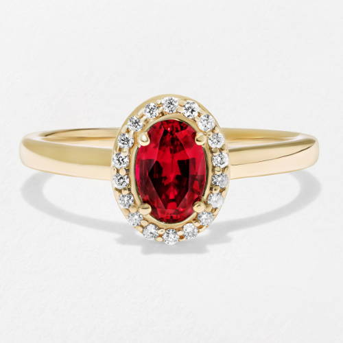 diamond halo engagement ring featuring an oval cut lab grown ruby center stone by MiaDonna