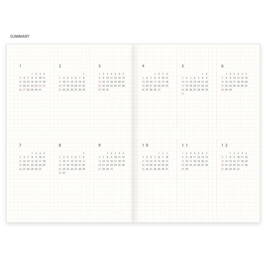 Summary - Eedendesign 2020 Moon and grid monthly dated diary planner