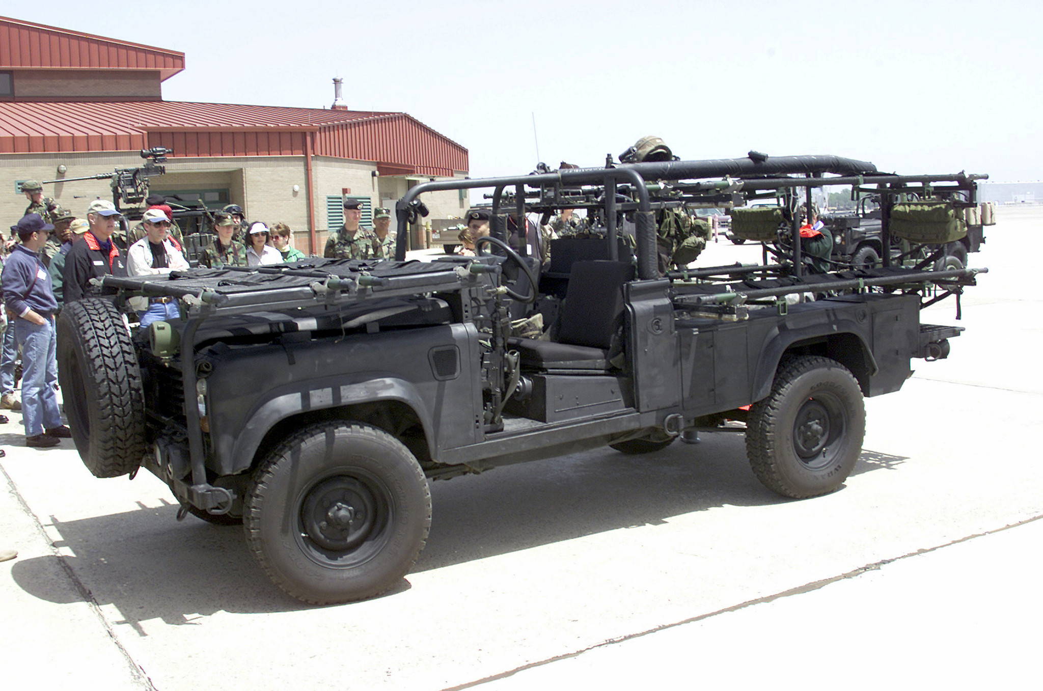 A U.S. Army Ranger MEDSOV (Medical Special Operations Vehicle) carries six patient litters, with two litters on hood and two litters stacked along each rear side, and is based on the British Land Rover Defender, on display from B Company, 1st Battalion, 75th Ranger Regiment, at the National War College, April 19, 2001.