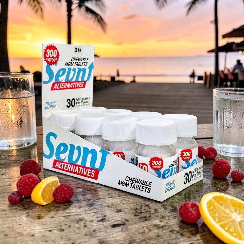 A box of Sevn alternatives with fruits on a table at sunset.