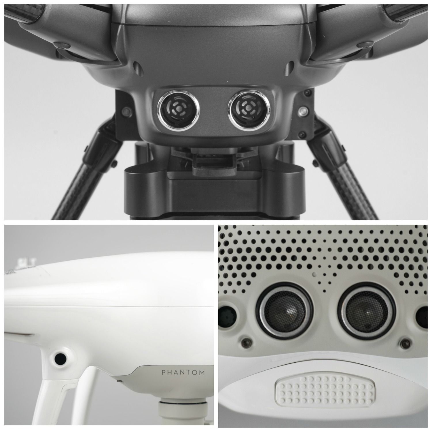 Close-up views of drone cameras and components.