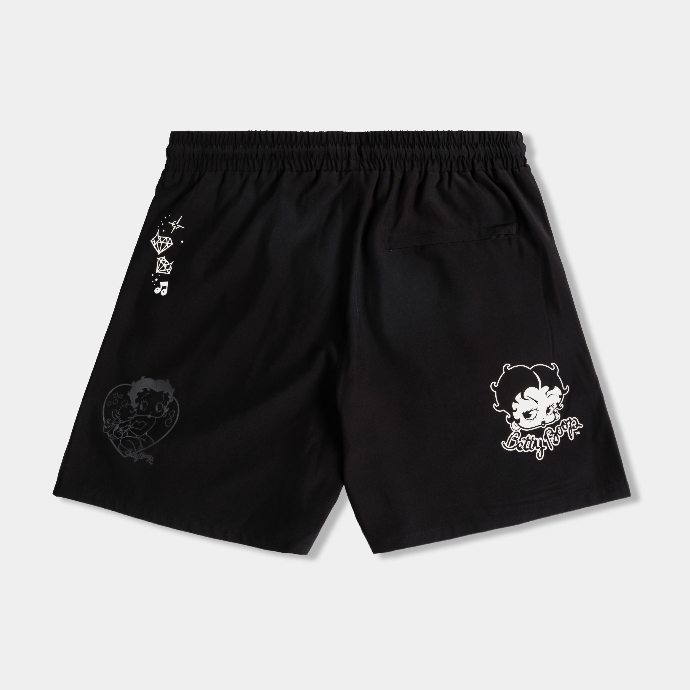 Black shorts with Betty Boop graphics and text.