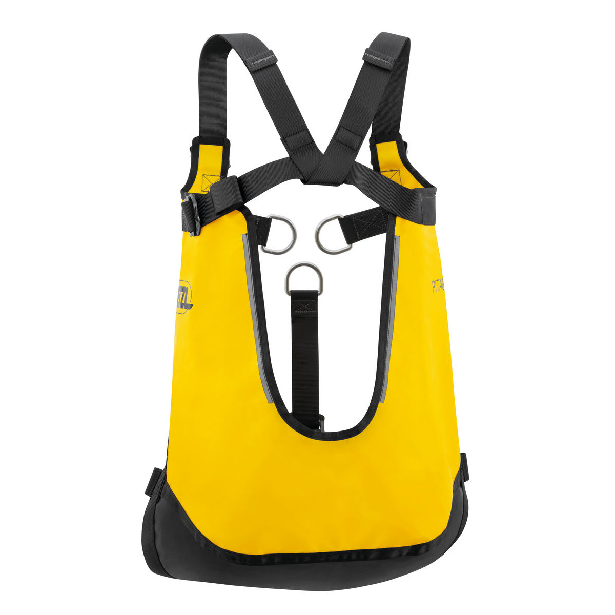 Yellow pet harness with adjustable straps and a black bottom.