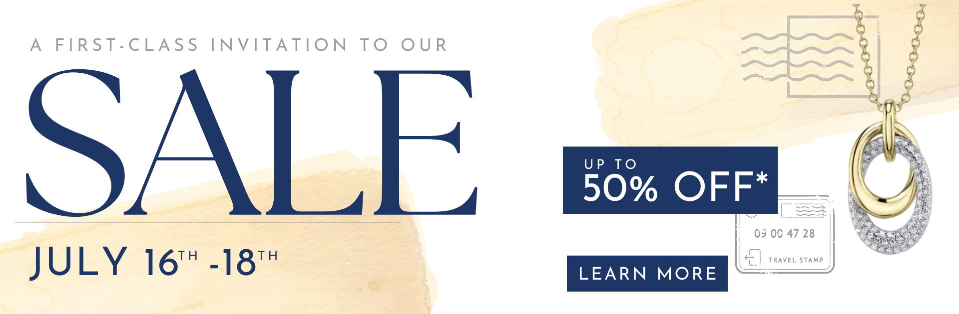 Promotional image for a sale from July 16 to 18, offering 50% off.