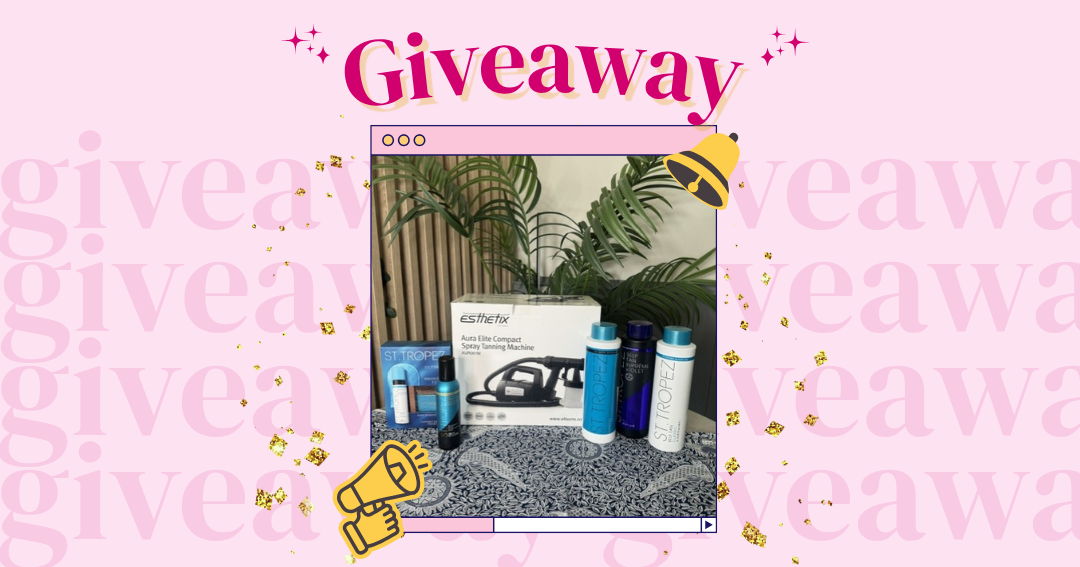 Products displayed for a giveaway on a pink background.