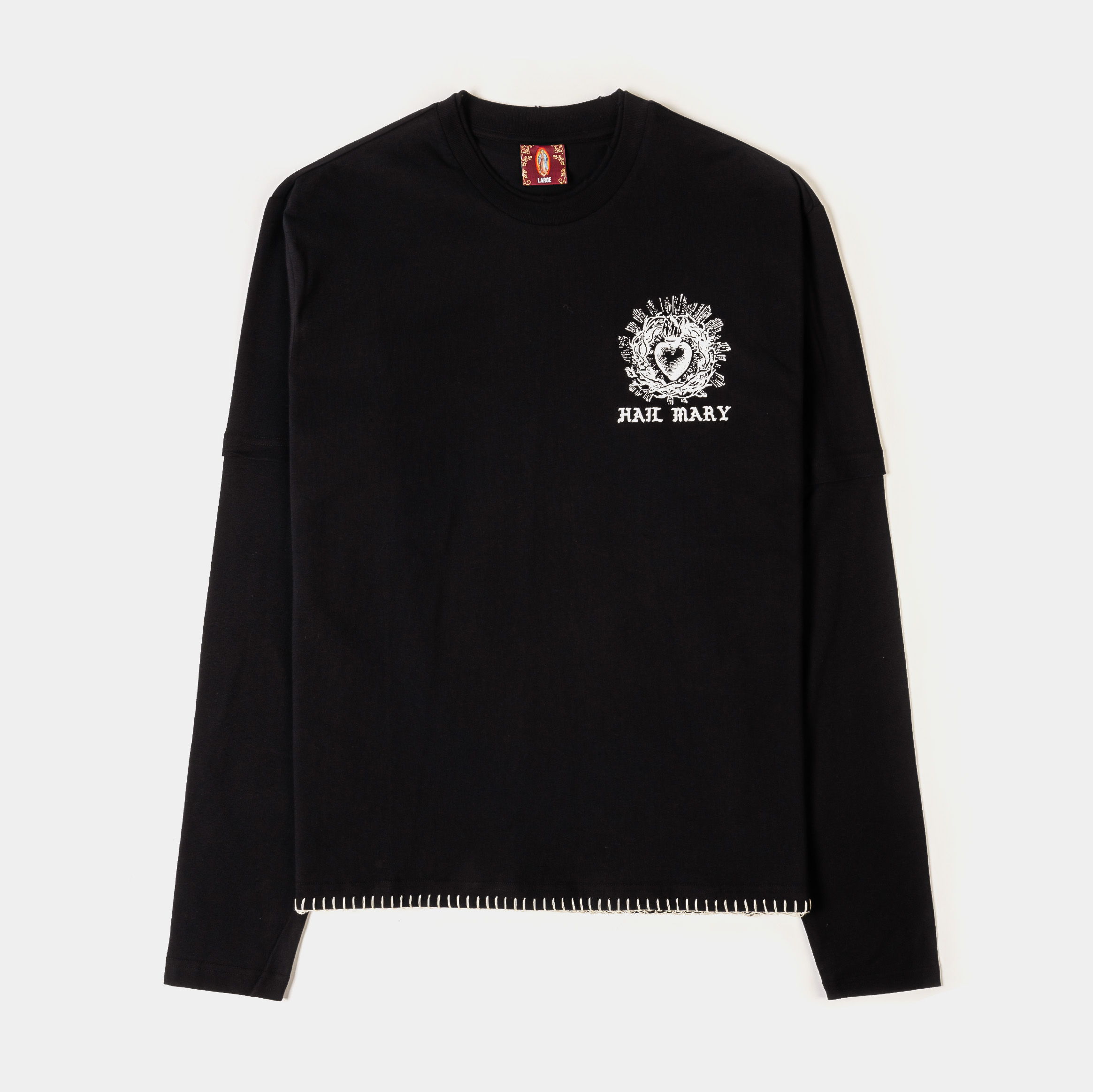 Black long-sleeve shirt with graphic design on the front.