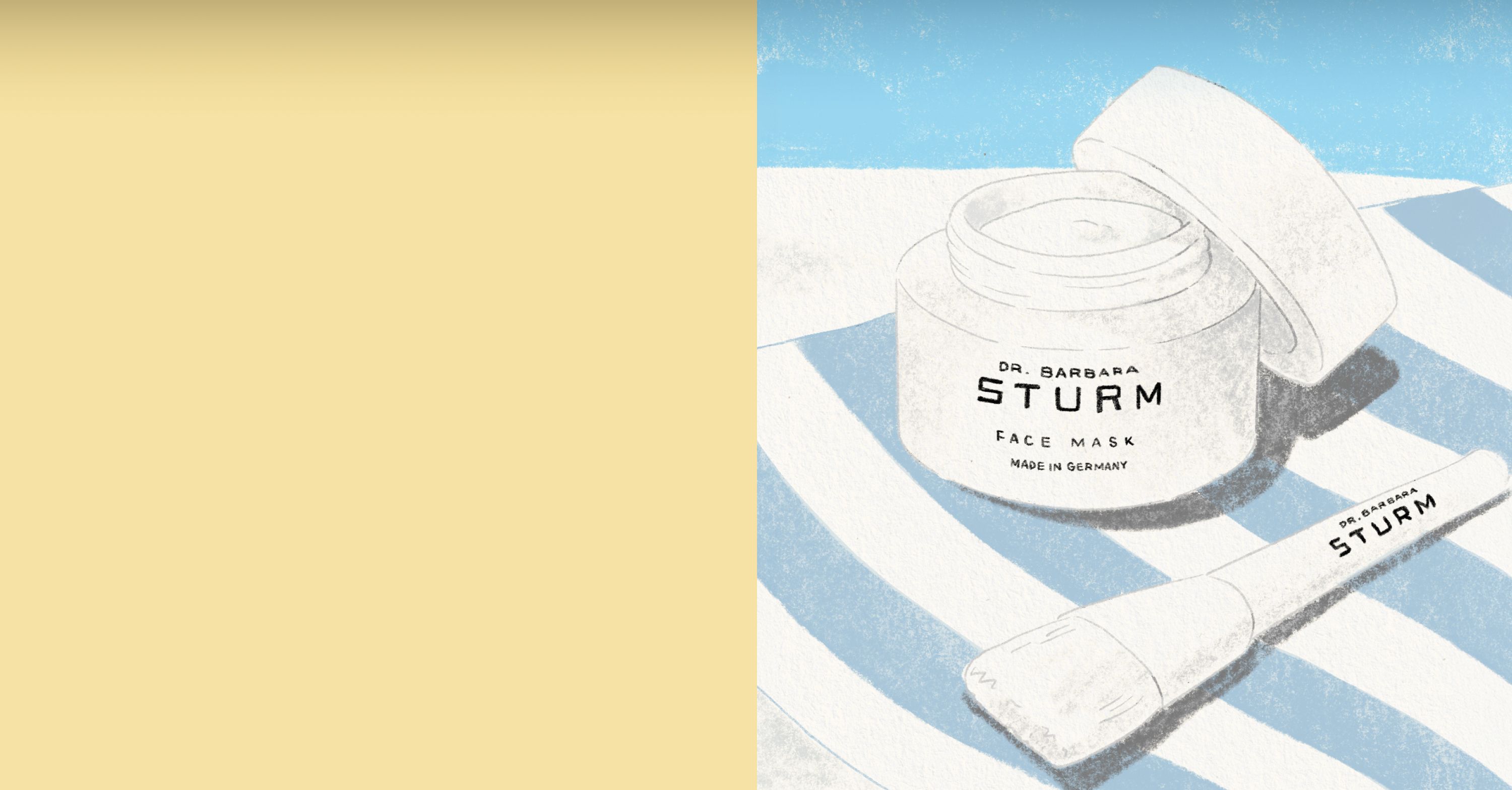 A jar of face cream with a spatula on a striped surface.
