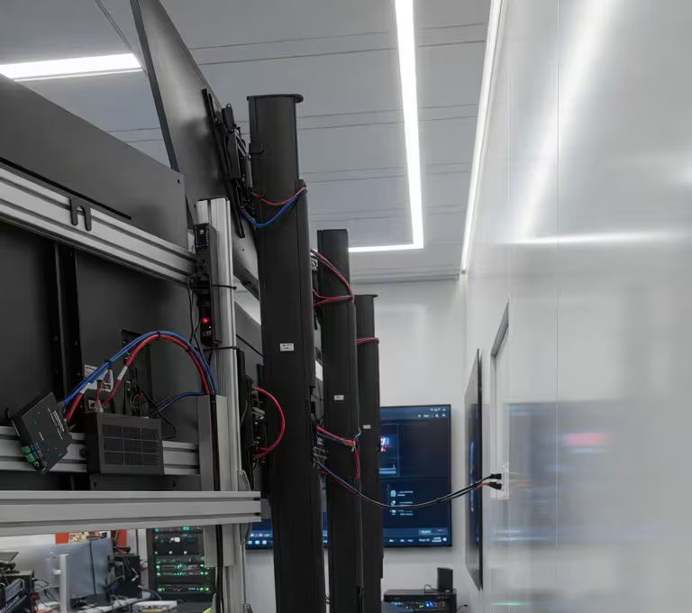 A modern workspace with displays and wiring on the wall.
