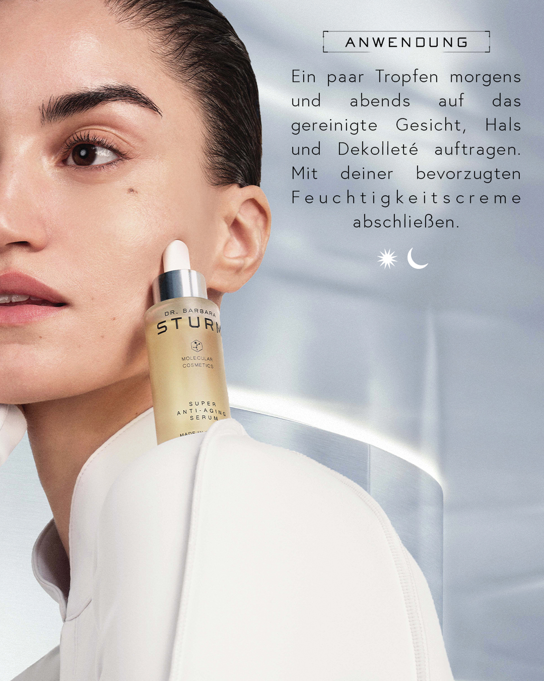 Woman applying serum on her face with product bottle beside her.