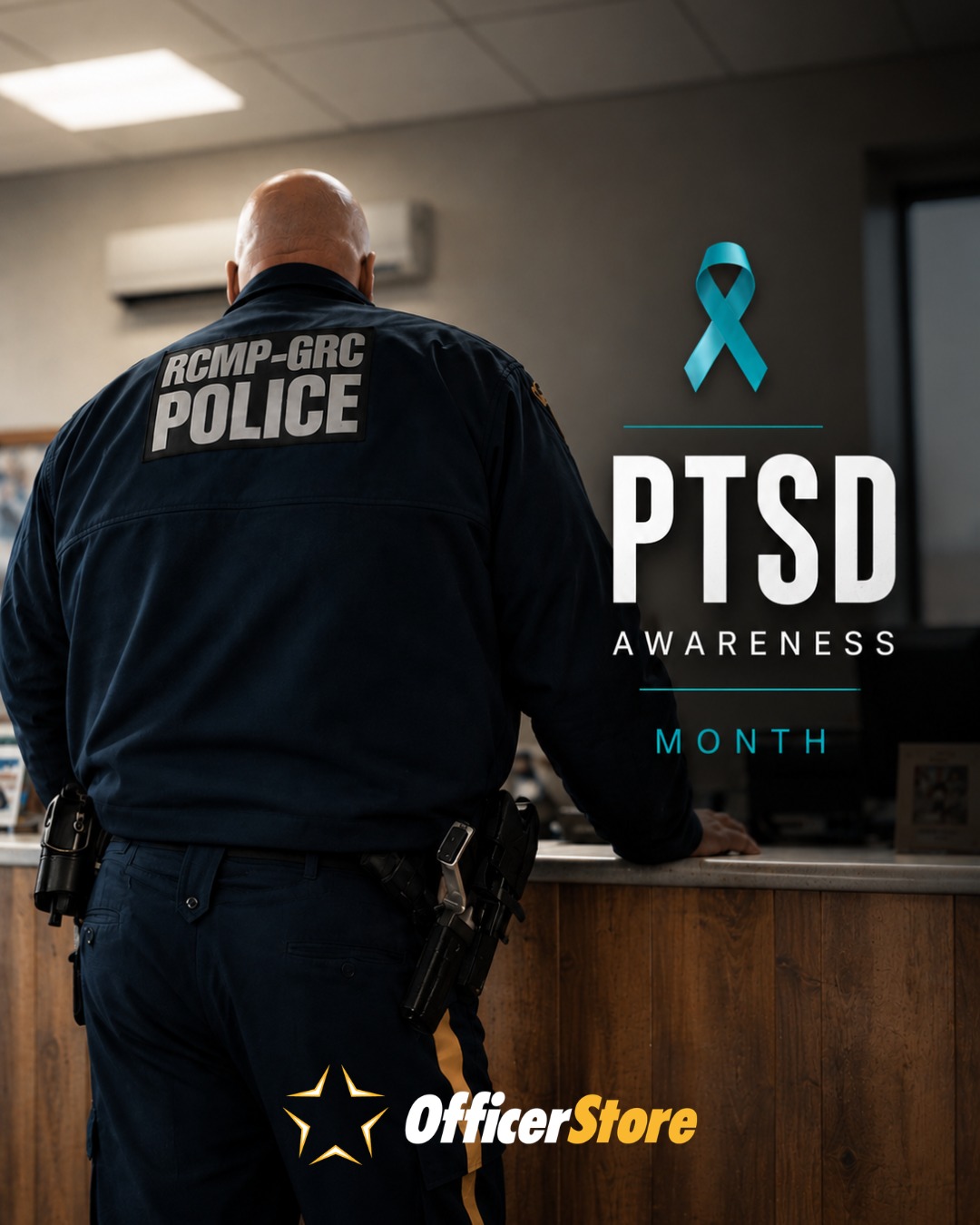RCMP officer promoting PTSD Awareness Month with teal ribbon graphic.