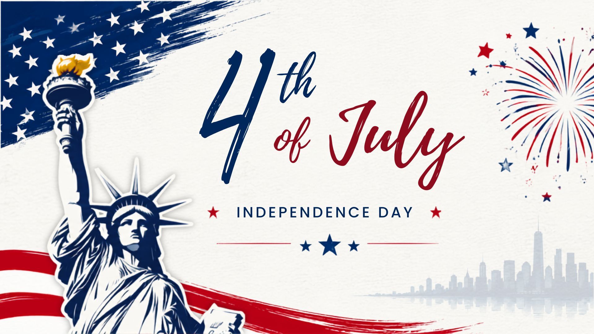 4th of July Independence Day with Statue of Liberty and fireworks.